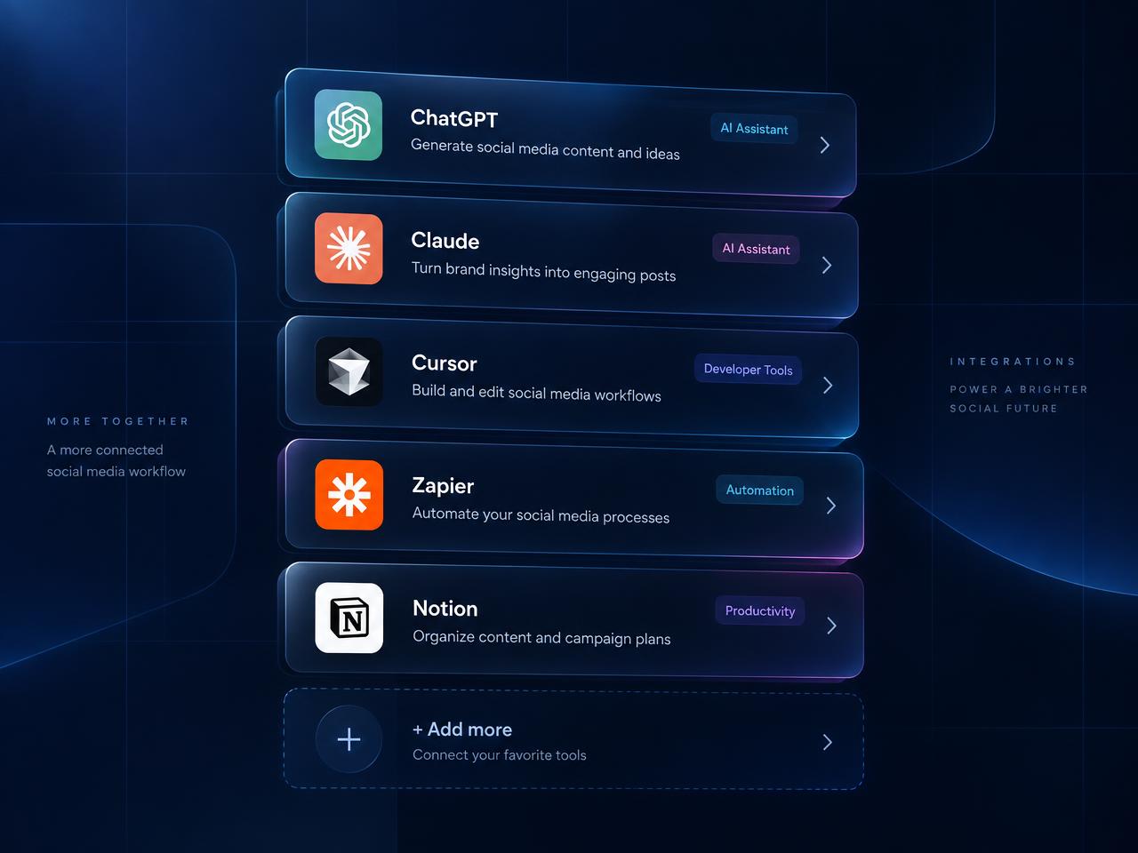 Five SMMSAAS integration cards for ChatGPT, Claude, Cursor, Zapier and Notion, followed by Add more